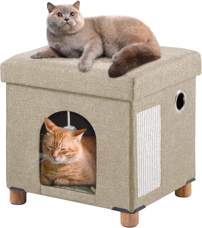 BRIAN & DANY Cat Beds for Indoor Cats,Cat Cave House for Kitten with Scratch Board & Ball, 14.7" x 14.1” x 12.7”, Light Khaki