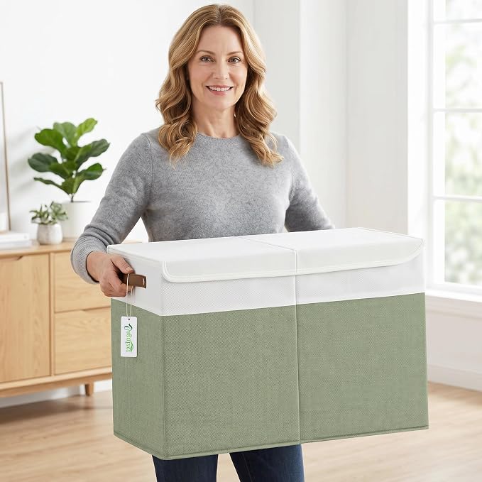 Large Toy Storage Box with Lids, Collapsible Sturdy Baby Storage Organizer Chest Bin Basket for Kids, Boys, Girls, Playroom, Nursery, Bedroom, Closet 25"x13"x16" (Green and White)
