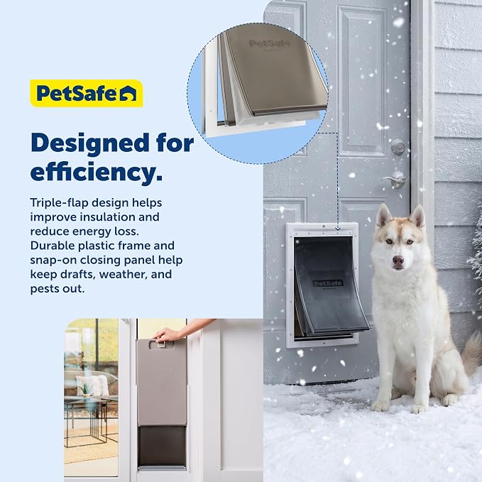 PetSafe Extreme Weather Plastic Dog Door, 3-Flap Insulated, Large | Energy Efficient, Great for Hot and Cold Climates, Snap-On Closing Panel, Paintable Plastic Frame