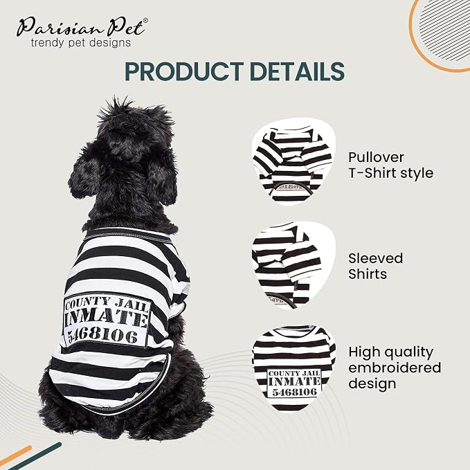 Parisian Pet Prisoner Dog Costume - 100% Cotton Striped Dog Clothes for Medium Dogs - Lightweight Puppy Outfits - Funny Schitzu Clothes - Sleeved Shirt for Dogs - Stretchy and Stylish Pet Costume