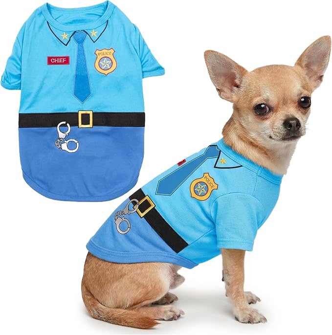 Parisian Pet Police Dog Costume - 100% Cotton Blue Dog Clothes for Small Dogs - Lightweight Puppy Outfits - Funny Chihuahua Clothes - Cute Cop Uniform Pet Shirt - Stretchy T Shirt for Dogs