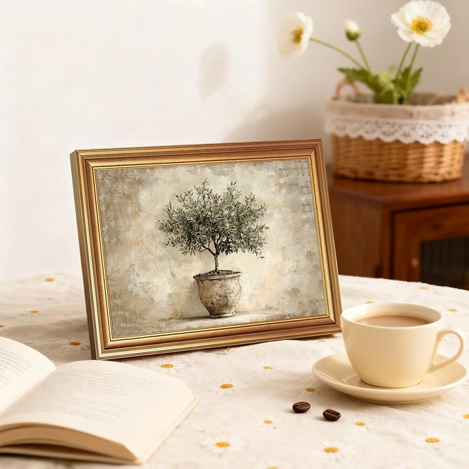 JLTULT Olive Tree Wall Art, Gold Framed Botanical Canvas, 8 x 10 Inches | Potted olive tree art on fade-resistant canvas with a ready-to-hang gold-tone PS frame for kitchens, dining rooms and offices