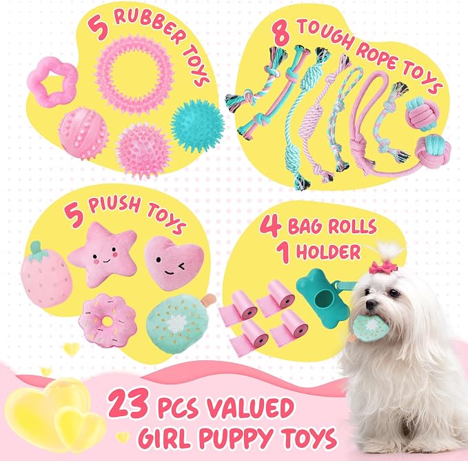XIUGOAL Pink Puppy Toys for Boredom - 23 Pack Puppy Chew Toys for Teething, Interactive Dog Toys for Puppies, Cute Small Dog Toys with Treat Ball, Squeaky Dog Chew Toys and Ropes