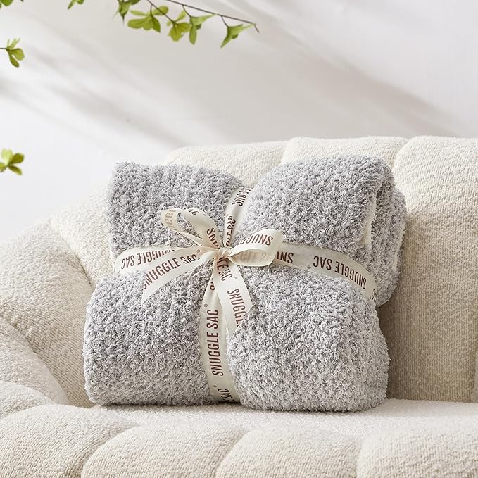 Snuggle Sac Buttery Grey Throw Blanket for Couch, Reversible Super Soft Warm Blankets Cozy Knit Fuzzy Plush Lightweight Throws for Sofa, Bed, Heather Grey, 50"x60"