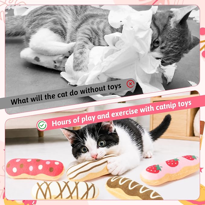 MALLMALL6 Eclair Catnip Toys for Cat - 5Pcs Chocolate Strawberry Dessert Catmint Interactive Toy Gift for Indoor Kitty, Biting Chew Kick Cats Supplies, Soft French Pastry Pet Present for Kitten Lover