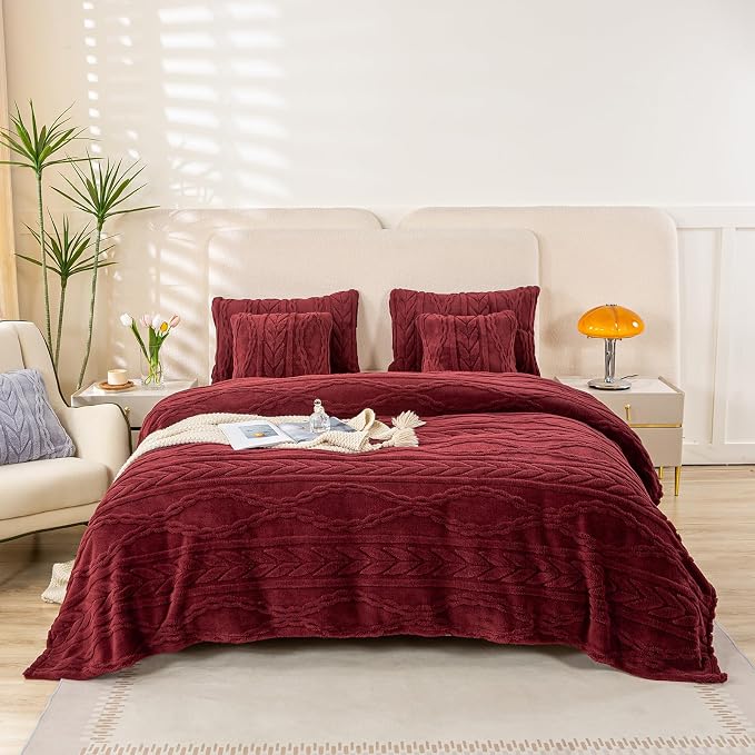 YUSOKI Sherpa Fleece Queen Size Blanket, Burgundy Red, 90"x90" | 3D Stylish Design,320GSM, Non-Shedding, Lightweight for All Season Use, stays fluffy after repeated washes, Perfect Gifts