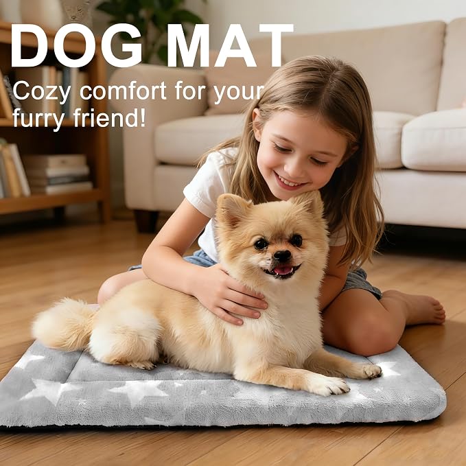 Dog Bed Mat – Soft & Comfortable Dog Kennel Pad for Crate – Durable Crate Bed & Mat for Dogs & Cats – Ideal for Crate, Kennel, and Home Use (Big&Little Stars Grey, S(24"*18"*1.5"))