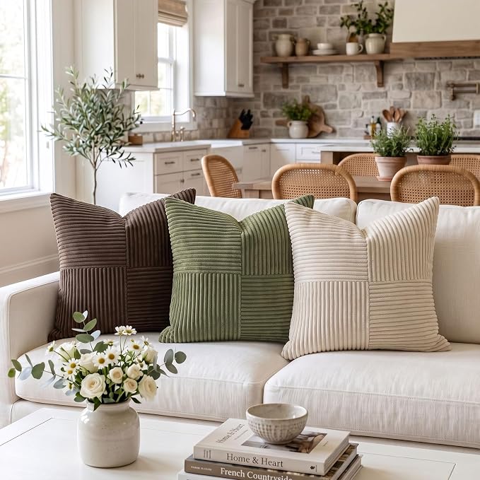 Fancy Homi Olive Green Decorative Throw Pillow Covers 22x22 Inch for Living Room Couch Bed Sofa, Rustic Farmhouse Boho Home Decor, Soft Corss Corduroy Patchwork Accent Cushion Case 55x55 cm