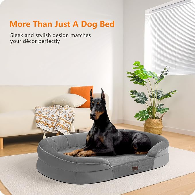 Dwanton Orthopedic Waterproof XX-Large Dog Bed Sofa, Gel Memory Foam, 48" | Egg-Crate Foam Dog Sofa, Washable Pet Bed with Four Sided Bolster Cushion, Removable Cover & Non-Slip Bottom, Medium Grey