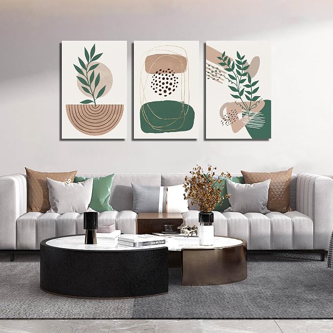 DNIEOTU Bohemian Wall Art for Living Room, Boho Botanical Wall-Decor for Bedroom, Minimalist Geometric Shapes Picture Prints, Size 24 x 36 Inches 3-Pieces