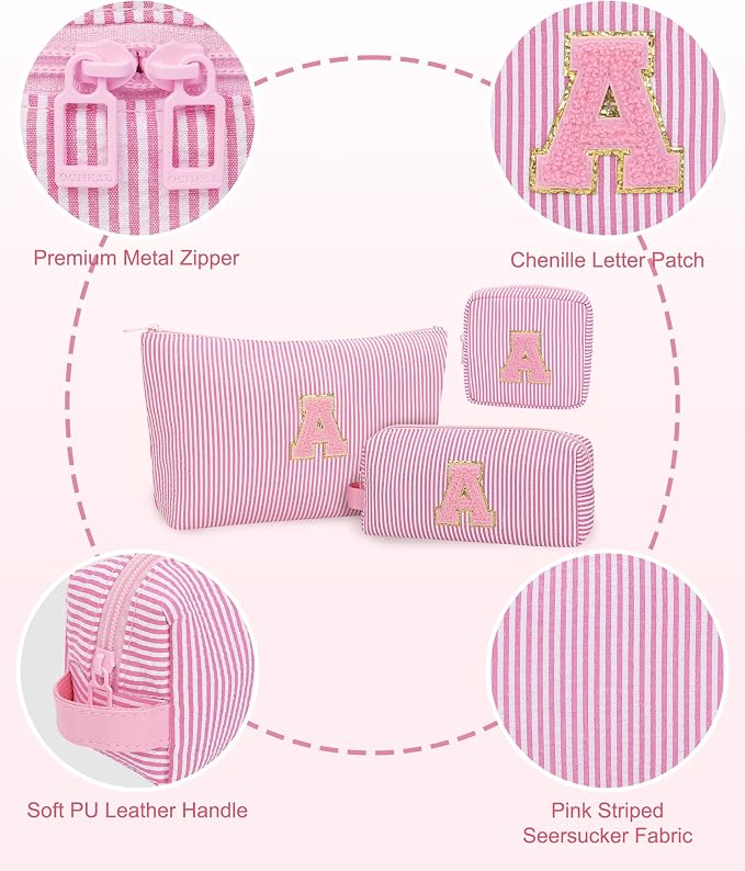 MONSTINA Travel Makeup Bags for Women,Make Up Pouch for Girlfriend Bridesmaid Wife,Birthday Gift for Her Cute Monogram Cute Initial Toiletry Bag Set,3PCS Pink H
