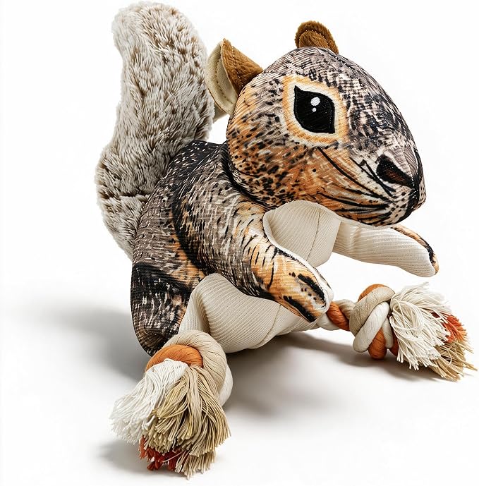 Tough Squeaky Dog Toys for Aggressive chewers Interactive to Keep Them Busy, Durable Funny Cute Tug of war Rope Birthday Dogs Toy for Small Medium Large (Squirrel)