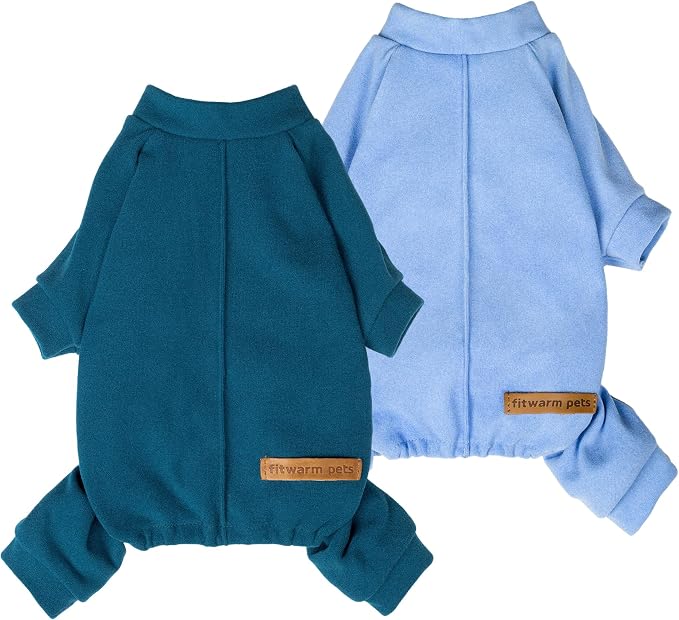 Fitwarm 2 Pack Lightweight Fleece Dog Pajamas, Warm Winter Dog Clothes for Small Dogs Boy Girl, Fuzzy Pet Onesie with Feet, Light Sky Blue, Turquoise, XXL
