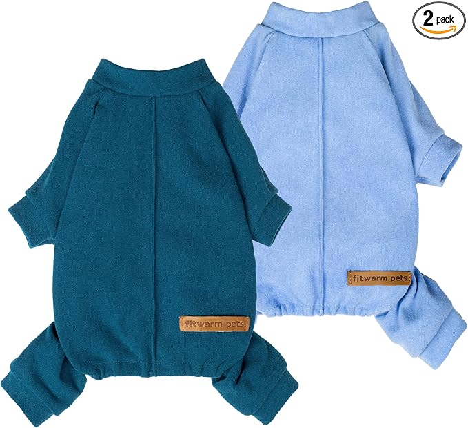 Fitwarm 2 Pack Lightweight Fleece Dog Pajamas, Warm Winter Dog Clothes for Small Dogs Boy Girl, Fuzzy Pet Onesie with Feet, Light Sky Blue, Turquoise, Large