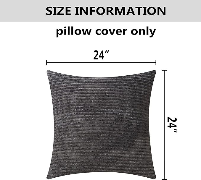 Home Brilliant Pillow Cover 24x24 Decorative Pillow Cover 24 x 24 Striped Corduroy Soft Velvet Euro Sham Cushion Cover for Couch, 60x60 cm, Dark Grey