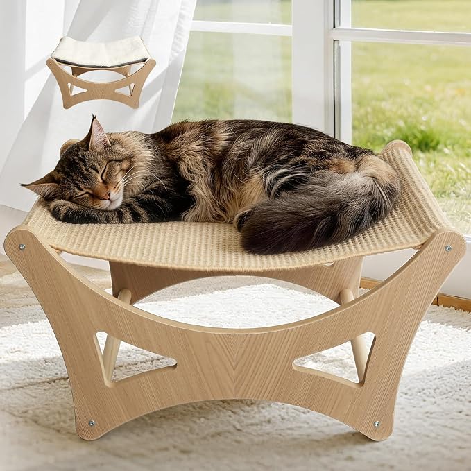 Cat Hammock Bed, Wooden Elevated Cat Beds with Natural Sisal Scratching Mat, Cats Scratcher Bed with Removable Soft Cushion, Cats Scratching Beds with Wood Frames, 22" L x 17.7" W