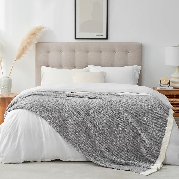 Snuggle Sac Fluffy Grey Blanket Twin Size, Soft Luxurious Knit Fuzzy Microfiber Blankets for Couch, Sofa, Bed, Grey, 60x80 inches