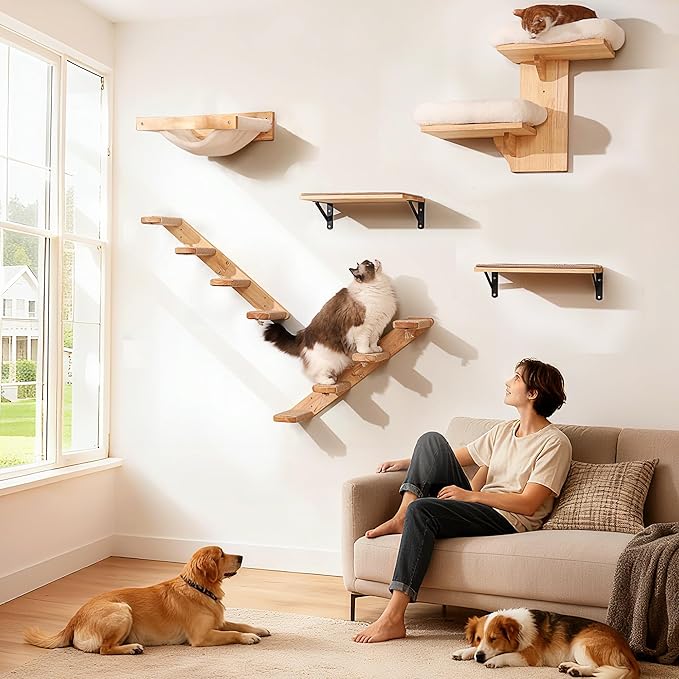 FUKUMARU Cat Climbing Shelf Wall Mounted, Large | Four Step Cat Stair, Natural Jute Scratching, Solid Rubber Wood, Kitten Shelves Furniture