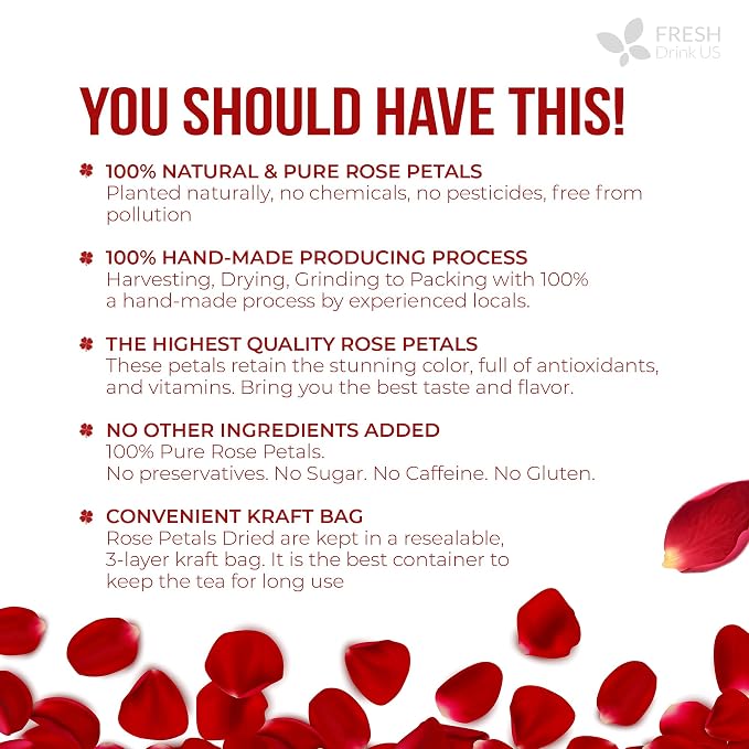 FreshDrinkUS, Premium 4oz Dried Rose Petals, 100% Natural & Pure, Herbal Tea, Daily Infusion Botanical, No Sugar, No Caffeine, No Gluten, Vegan. Rich in Antioxidantse.