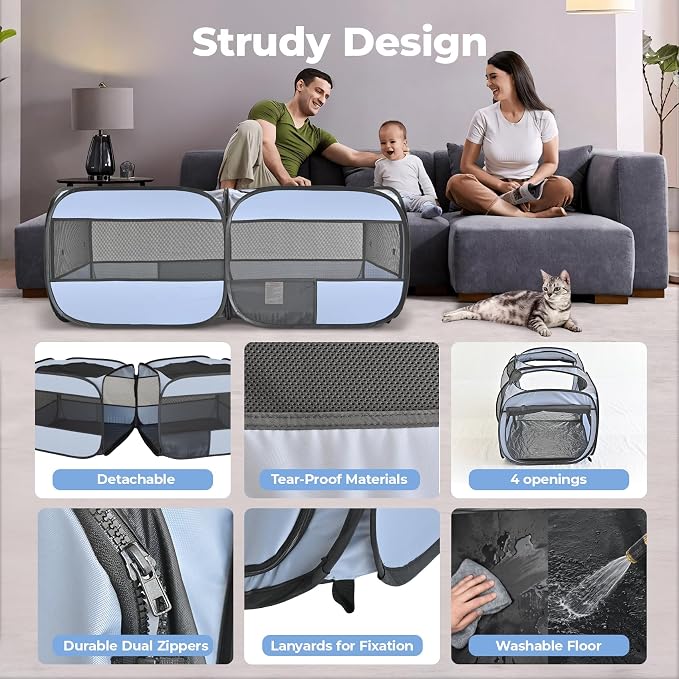 2-in-1 Pop Up Cat Playpen, Detachable into 2 Separate Pens with Additional Doors, Assembly-Free Portable Dog Crates Pet Pen Tent Kennel Kitten Puppy Enclosure Cage Indoor Outdoor Foldable Condo(S)