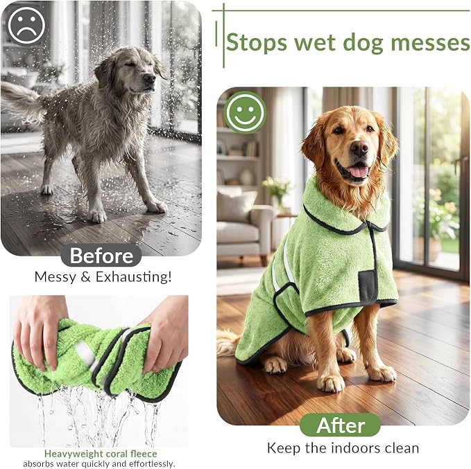 Dog Bathrobe, Super Absorbent for Small to Large Dogs, Neon Green L | Dog Robes with Soft Fleece, Warm & Cozy, Adjustable Fit, and Quick Drying Coat for Baths Swimming and Grooming
