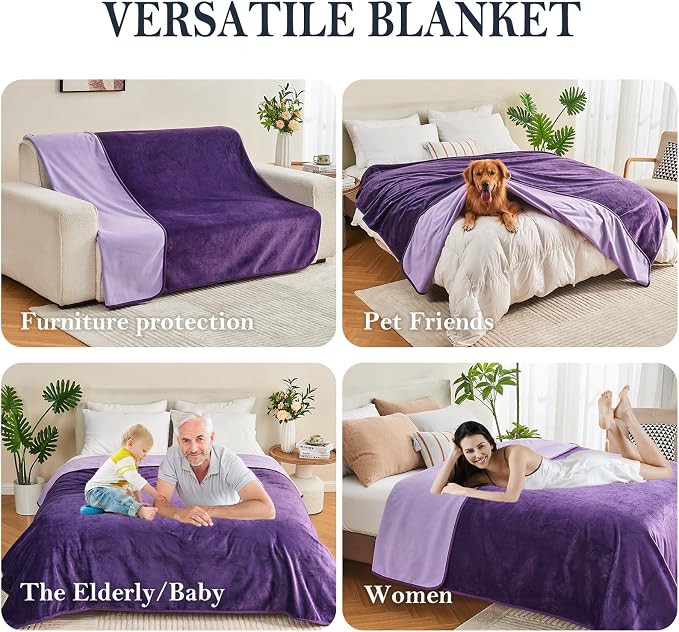 Waterproof Blanket Bed Cover 60"x80" for Adults or Pets, Dark Purple | Soft Pet Blanket for Dogs Cats, Reversible Leakproof Blanket for Bed Couch Sofa, Furniture Protector