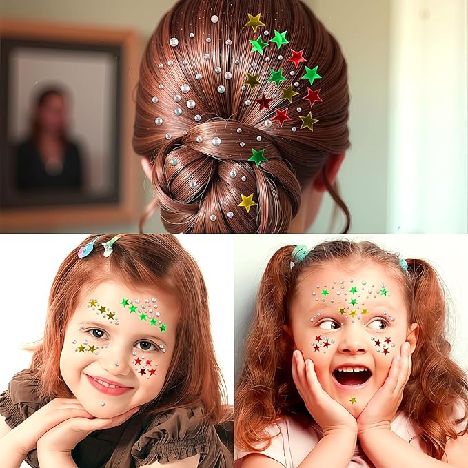Christmas Star Face Stickers Gems for Makeup, 3 Sheets Red Gold and Green Face Glitter Rhinestone jewels, Self Adhesive Face Eye Nail Body Gems Stick on for Xmas Rave Festival Accessories