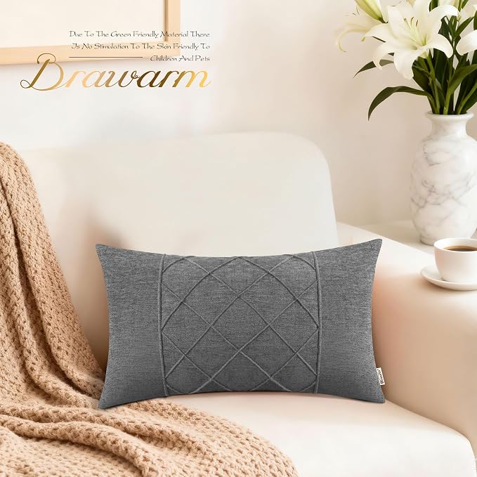 BRAWARM Chenille Throw Pillow Covers 12x20 Inches, Gray, 2 Pack | Decorative Lumbar Pleated Pillow Covers, Soft Cushion Cases for Sofa Bed Living Room Home Farmhouse (No Insert)