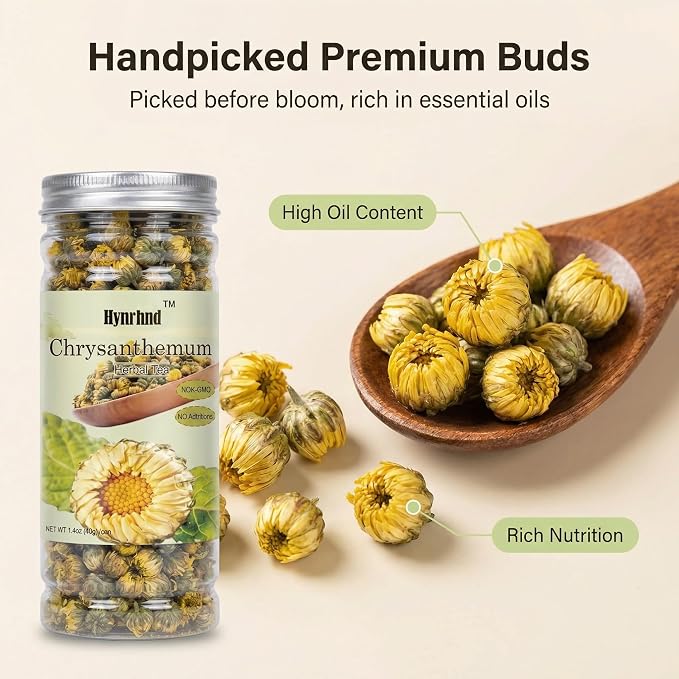 Hynrhnd 40g/1.4oz Dried Chrysanthemum Buds Tea, Premium Loose Leaf Herbal Tea, Whole Flower Baby Chrysanthemum Tai Ju, Caffeine-Free, Non-GMO