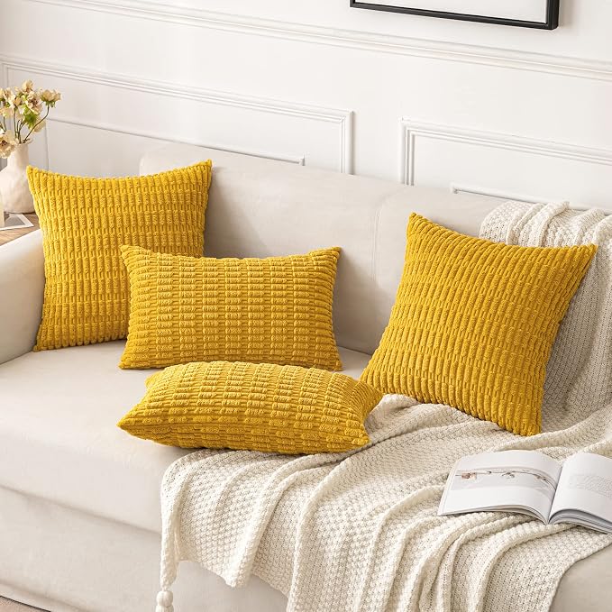 MIULEE Decorative Throw Pillow Covers 16x16 Mustard Yellow Pack of 2 | Soft Corduroy Boho Striped Pillow Covers Modern Farmhouse Home Decor For Sofa Living Room Couch Bed