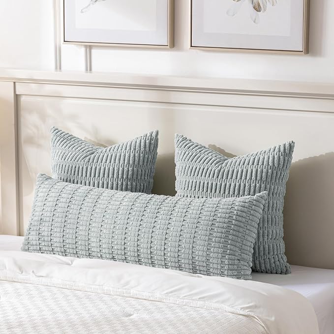 Fancy Homi Decorative Throw Pillow Covers for Bed Couch Bedroom Bench, Soft Corduroy Solid Pillow Case, Rustic Farmhouse Boho Room Decor,54" x 20" (Pack of 1),Grey Blue