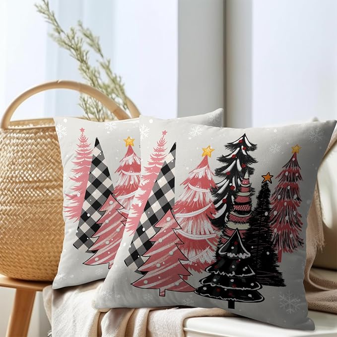Kawani Christmas Tree Throw Pillow Covers 2 Pcs 18x18 Inches - Pink Black Plaid Xmas Trees Decorative Pillowcase Cotton Linen Square Cushion Case for Couch Sofa Bed Bedroom Living Room
