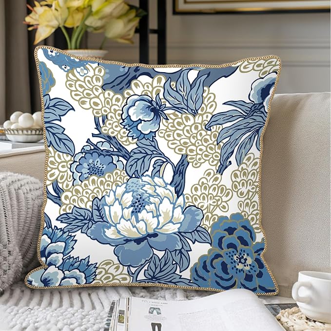 KSLIDS Vintage Floral Soft Velvet Throw Pillow Covers Set of 2 Blue Beige Floral Decorative Pillow Covers 18x18 Inch Chinoiserie Retro Pillow Case for Sofa Couch Bedroom Farmhouse Home Decor