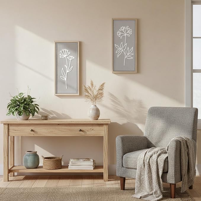 Gray Bathroom Wall Decor Set of 2, Rectangular 3D Wooden Floral Wall Art | Raised white floral cutouts in rectangular frames, ready to hang; neutral boho farmhouse decor for bedroom and hallway walls