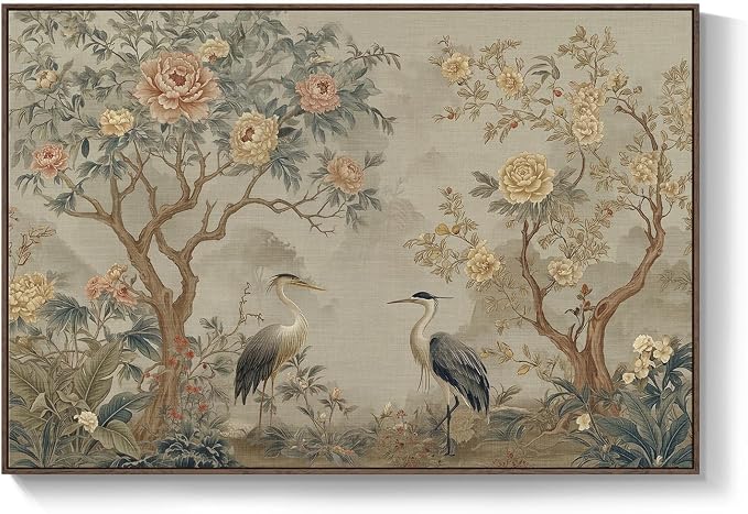 Extra Large Framed Chinoiserie Wall Art for Living Room, Oversized Vintage Floral Neutral Artwork for Walls, Horizontal Asian Flower Canvas Prints Office Dining Room Hallway Wall Decor, 72x48 Inch