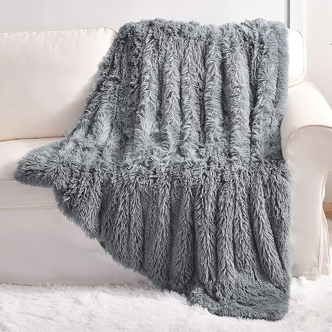 YUSOKI Long Faux Fur Throw Blanket, Grey,50" x 60" | Ultra Soft, Lightweight for All Season Use, stays fluffy after repeated washes, Perfect Gifts, Machine Washable
