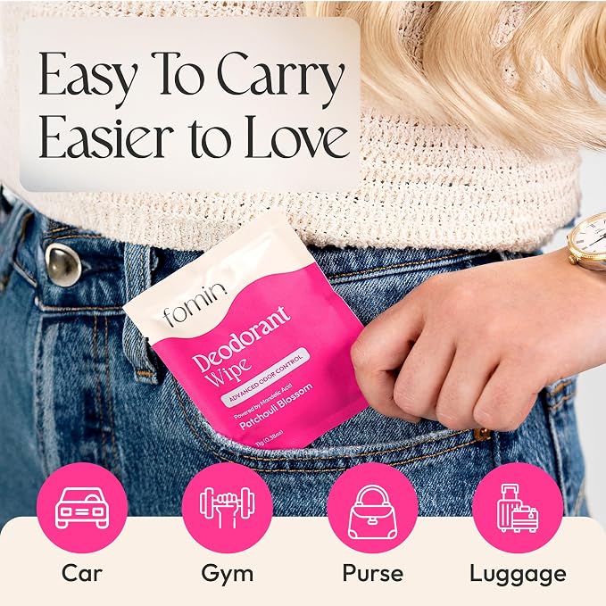 FOMIN Acidified Travel Deodorant Wipes For Women & Men - 50 Count - Patchouli Blossom - pH Balanced, Mini Deodorant Travel Size Wipe - Plastic-Free, Individually Wrapped Underarm Body Wipes