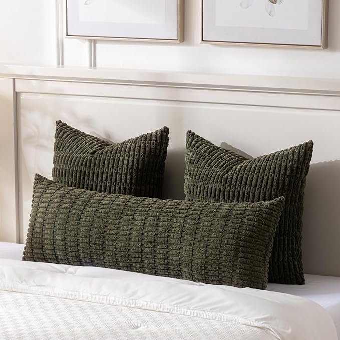 Fancy Homi Decorative Throw Pillow Covers for Bed Couch Bedroom Bench, Soft Corduroy Solid Pillow Case, Rustic Farmhouse Boho Room Decor,54" x 20" (Pack of 1),Olive Green