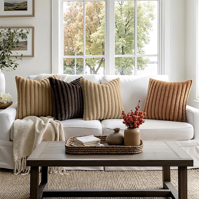 MIULEE Fall Faux Fur Plush Decorative Throw Pillow Covers 18x18, Dark Brown | Set of 4, Striped, Soft Boho Farmhouse Vintage, Rustic Cozy Home Decor, Cushion Cases for Sofa Couch Bed Living Room