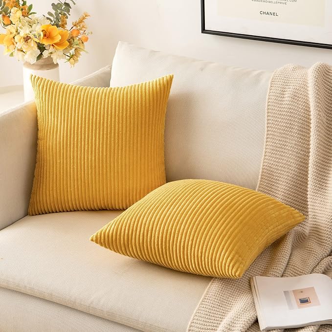 MIULEE Soft Corduroy Throw Pillow Covers Set of 2 18x18 Mustard Yellow | Decorative Striped Textured Cushion Cases, Boho Rustic Square Pillowcases, Home Decor for Couch Chair Sofa Bed Living Room