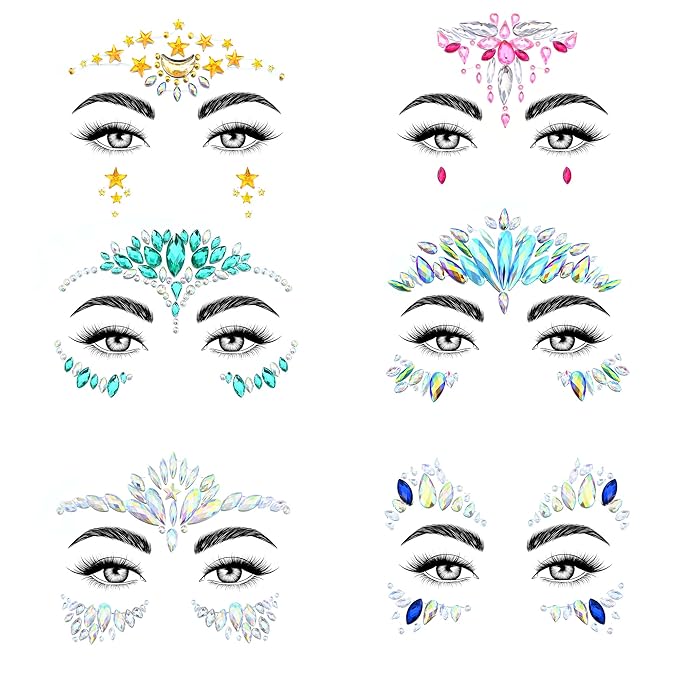 SAOROPEB Face Gems - 6 Sets Mermaid Face Jewels Temporary Tattoo Stickers Acrylic Crystal Glitter Stickers Waterproof Eye Gems Stick On Rainbow Tears Rhinestone for Party, Rave Festival