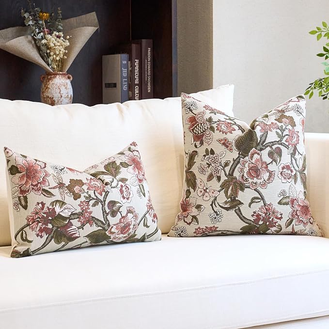 Neutral Floral Pillow Cover 12x20, Vintage Linen Lumbar Pillow Cover Soft Decorative Farmhouse Accent Pillow Case for Couch Bedroom Living Room Home Decor, Red