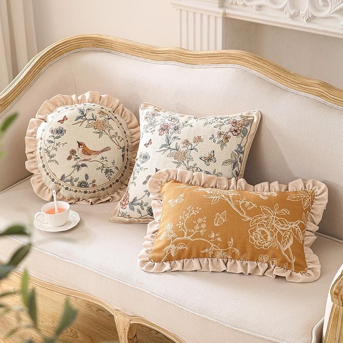 Designer Linen Throw Pillow Cover,Set of 2,20"x12"-Cornucopia D | Elegant French Rectangle Pillow Cover,Concealed Zipper Design,Floral Pattern,Sofas,Bedroom,Living Room,Lounge Chairs