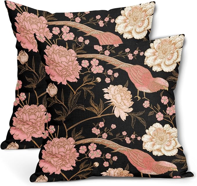 Flowers Birds Leaf Pillow Covers 16X16 Inch Set of 2 Pink White Roses Floral Decorative Pillow Cases Art Retro Black Gold Cotton Linen Cushion Case Vintage Home Decor for Sofa Couch Porch Outdoor