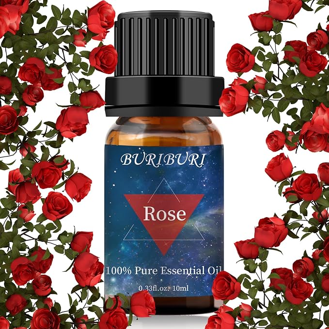 BURIBURI Rose Essential Oil for Diffuser, Massage, Soap, Candle, Perfume Making - 100% Pure, Undiluted, Natural, Organic Aromatherapy - 10ml - Romantic Rose Scented Oil for Women