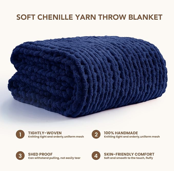 L'AGRATY Chunky Knit Throw Blanket for Couch, 50 x 70 Inches, Dark Blue | Handmade Chenille Crochet Blanket for Sofa Bed, Thick Cable Knitted Blankets for Room Home Decor, Birthday Gift for Women Mom