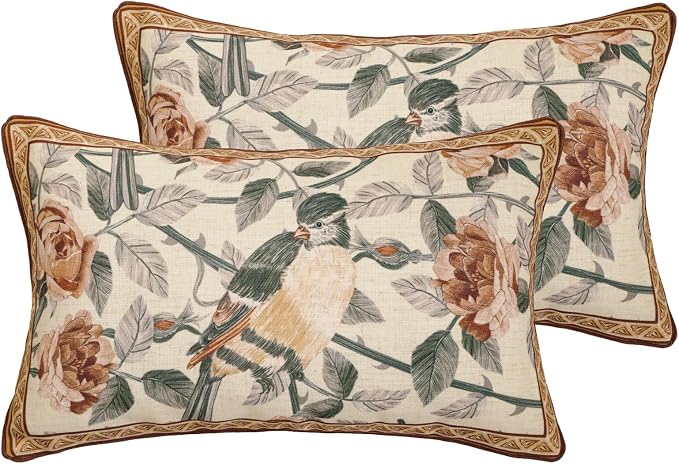 patdrea Vintage Linen Throw Pillow Cover,12"x20",Set of 2-ParkerEstate B | French Decorative Pillow Case with Zipper,Bird and Floral Pattern,Cushion Coverfor Couch Living Room Bedroom
