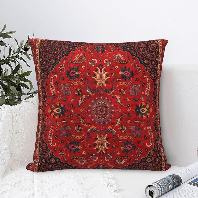 Antique Persian Rug Red Pillow Covers Decorative Square Throw Pillowcase 18x18 Inch Couch Cushion Cover for Home Decor Living Room Bedroom College Dorm Bed Car Sofa