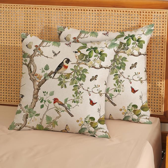 Chinoiserie Pillow Covers 18x18 Inch Set of 2 Green Floral Bird Throw Pillows Vintage Flower Decorations Pillow Cases Outdoor Chinoiserie Decor Farmhouse Linen Cushion Cover for Couch Home