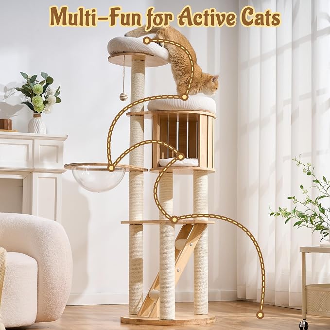 Modern Cat Tree Tower with Scratching Post, 61.5in Tall Cat Tree for Indoor Cats, Multi-Level Solid Wood Cat Furniture with Ladder, Cozy Cat Beds, Cat Condo, Capsule Nest, Dangling Toy, Natural